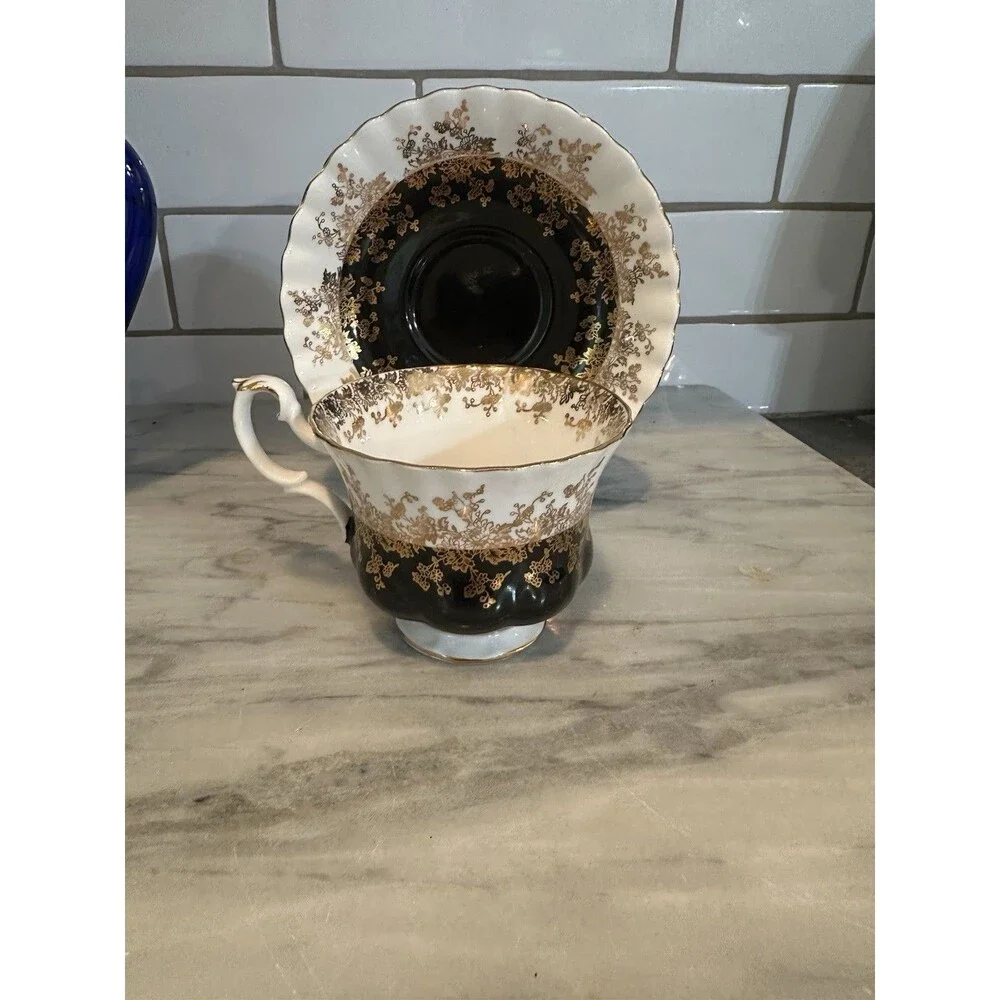 ROYAL ALBERT “Regal Series” Black White & Gold Bone China Footed Cup And Saucer